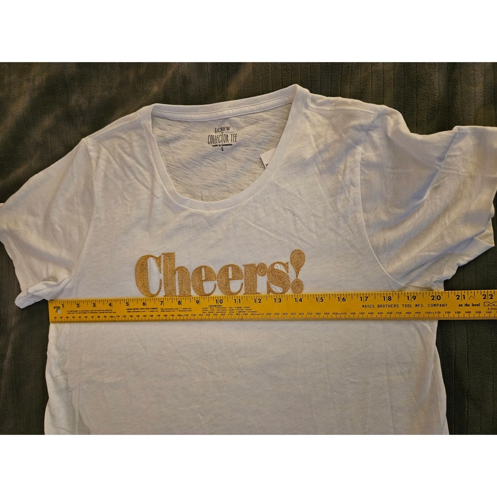 J.Crew Collector Tee White Gold Glitter Cheers Graphic T-Shirt Large NEW - Picture 4 of 8